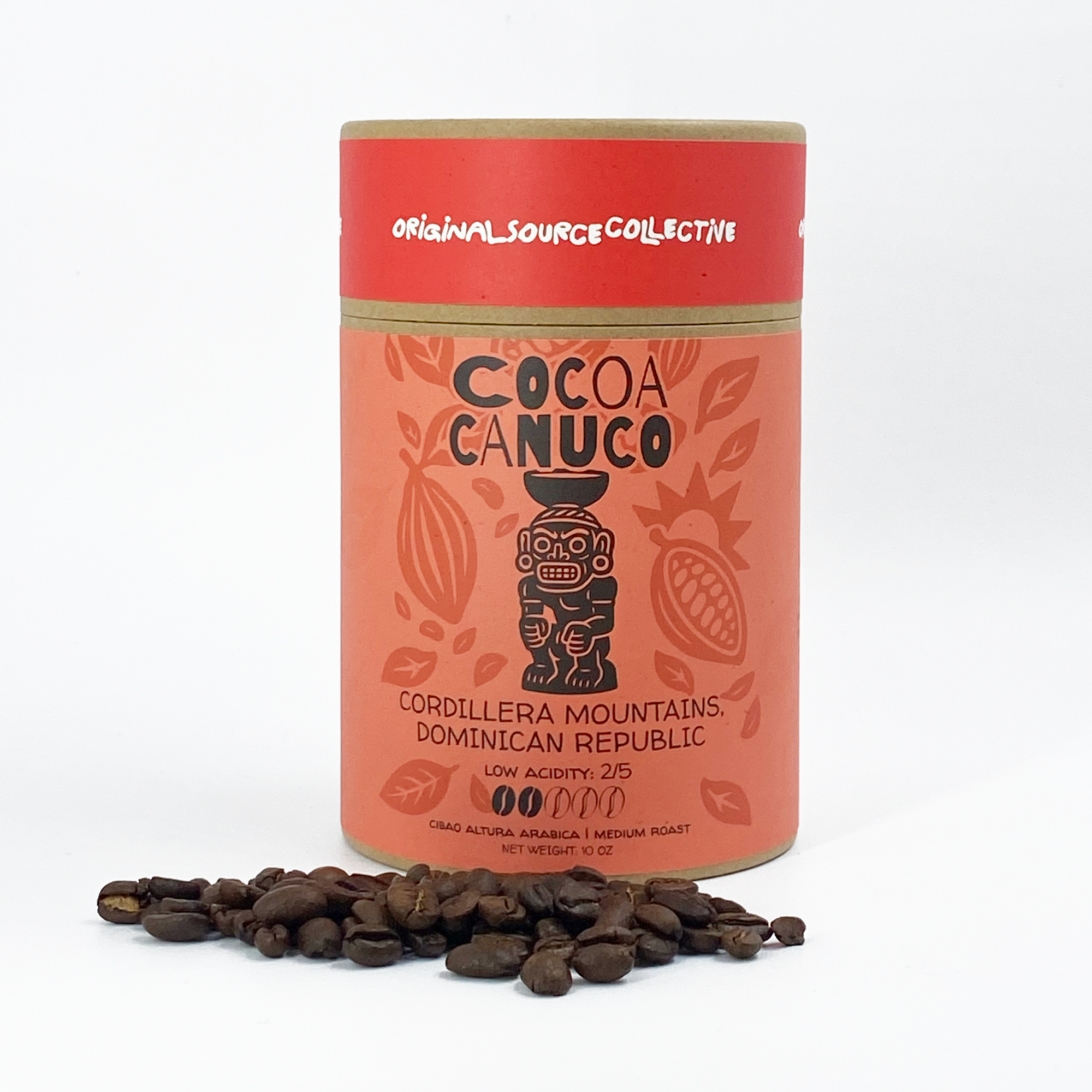 Cocoa Canuco coffee canister with coffee beans on a white background