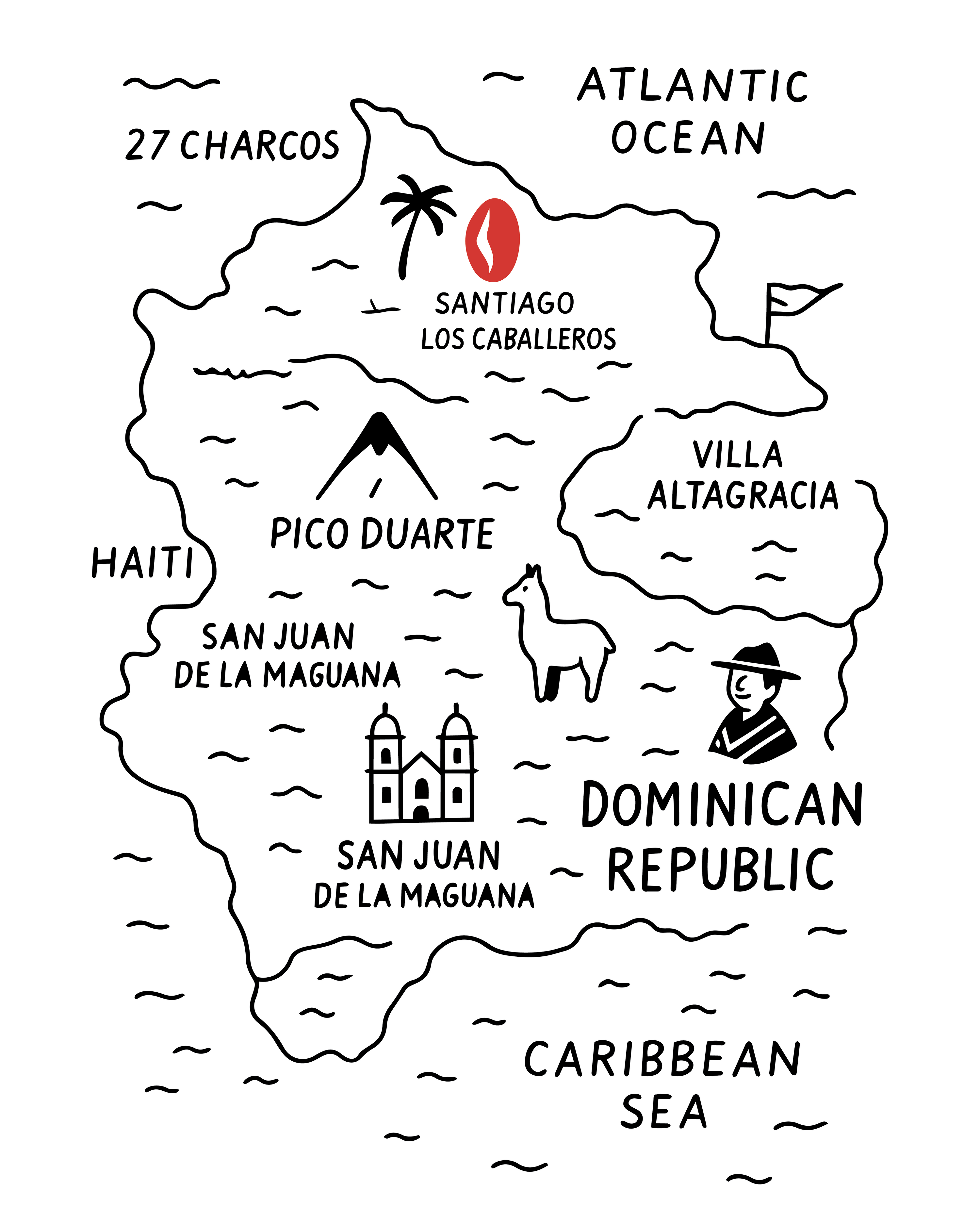 Map of the Dominican Republic with key locations labeled including coffee bean