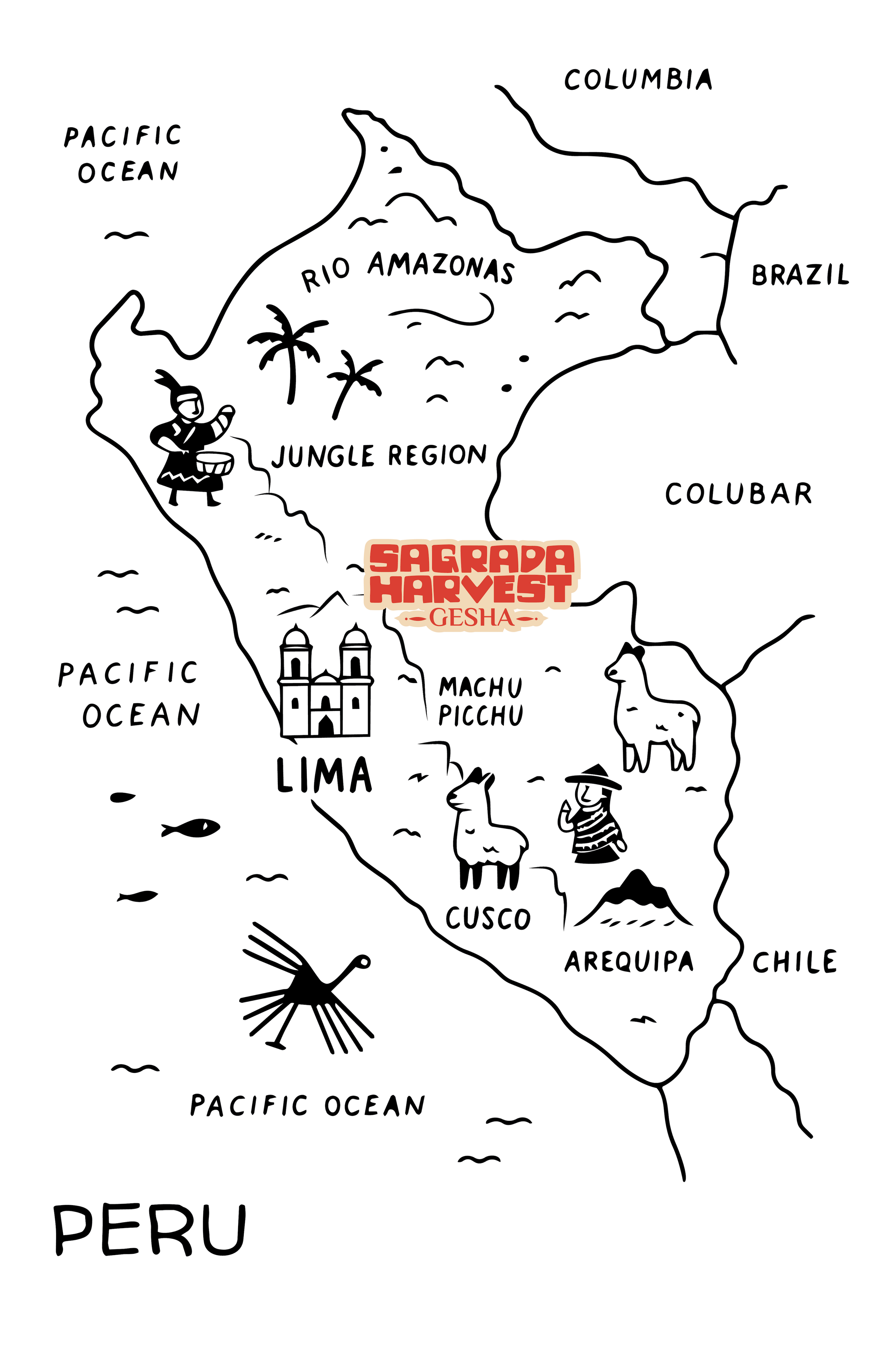 Map of Peru with labeled regions and Sagrada Harvest logo.