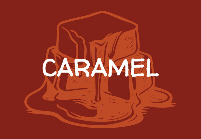 Illustration of caramel with the word 'Caramel' on a red background
