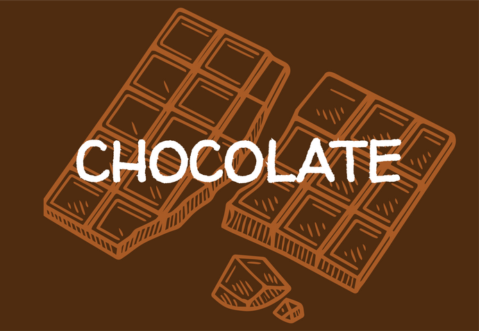 Illustration of chocolate bars with the word 'CHOCOLATE' on a brown background