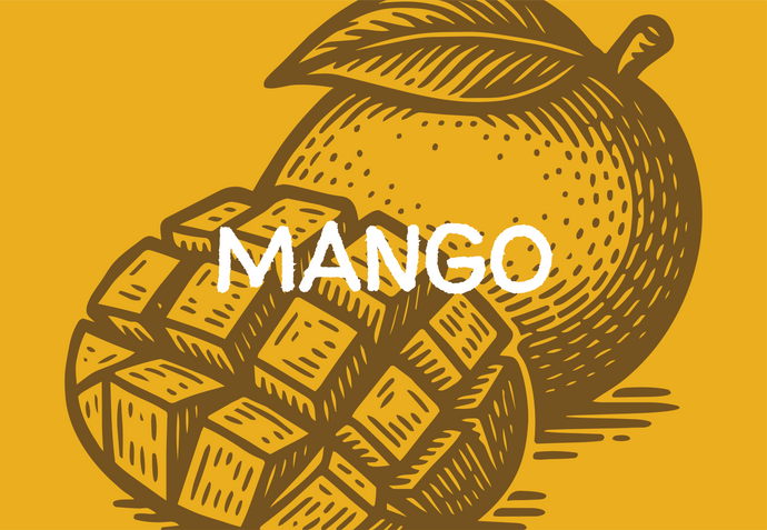 Illustration of a mango with 'MANGO' text on a yellow background