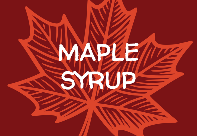 Maple leaf with 'Maple Syrup' text on a red background