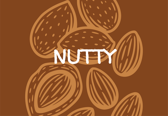 Illustrations of almonds with the word 'NUTTY' on a brown background