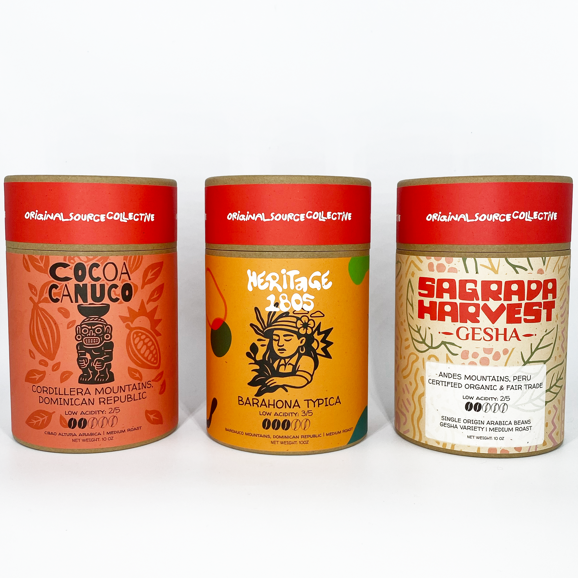 Three kraft coffee canisters from Original Source Collective on a white background