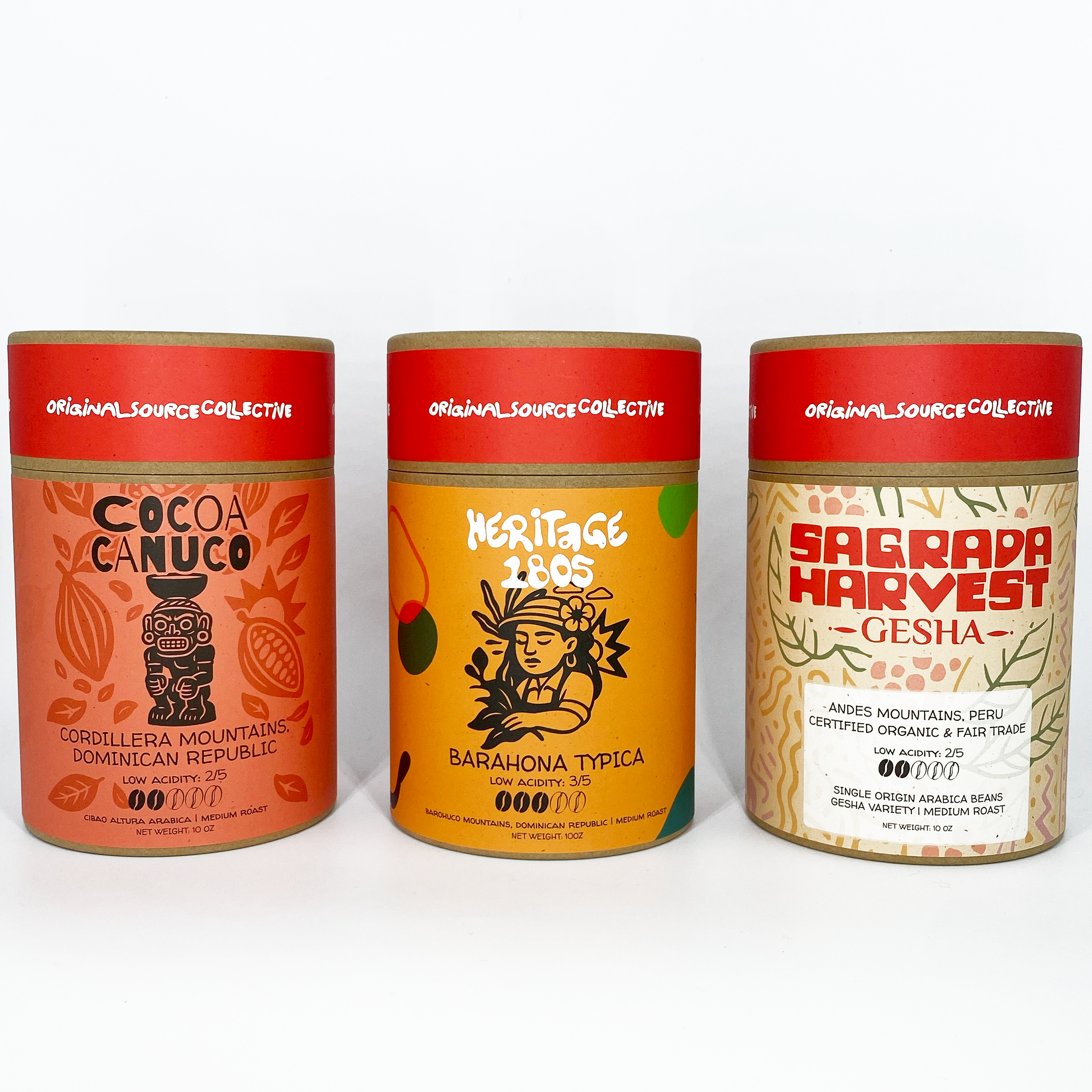 Three kraft coffee canisters from Original Source Collective on a white background