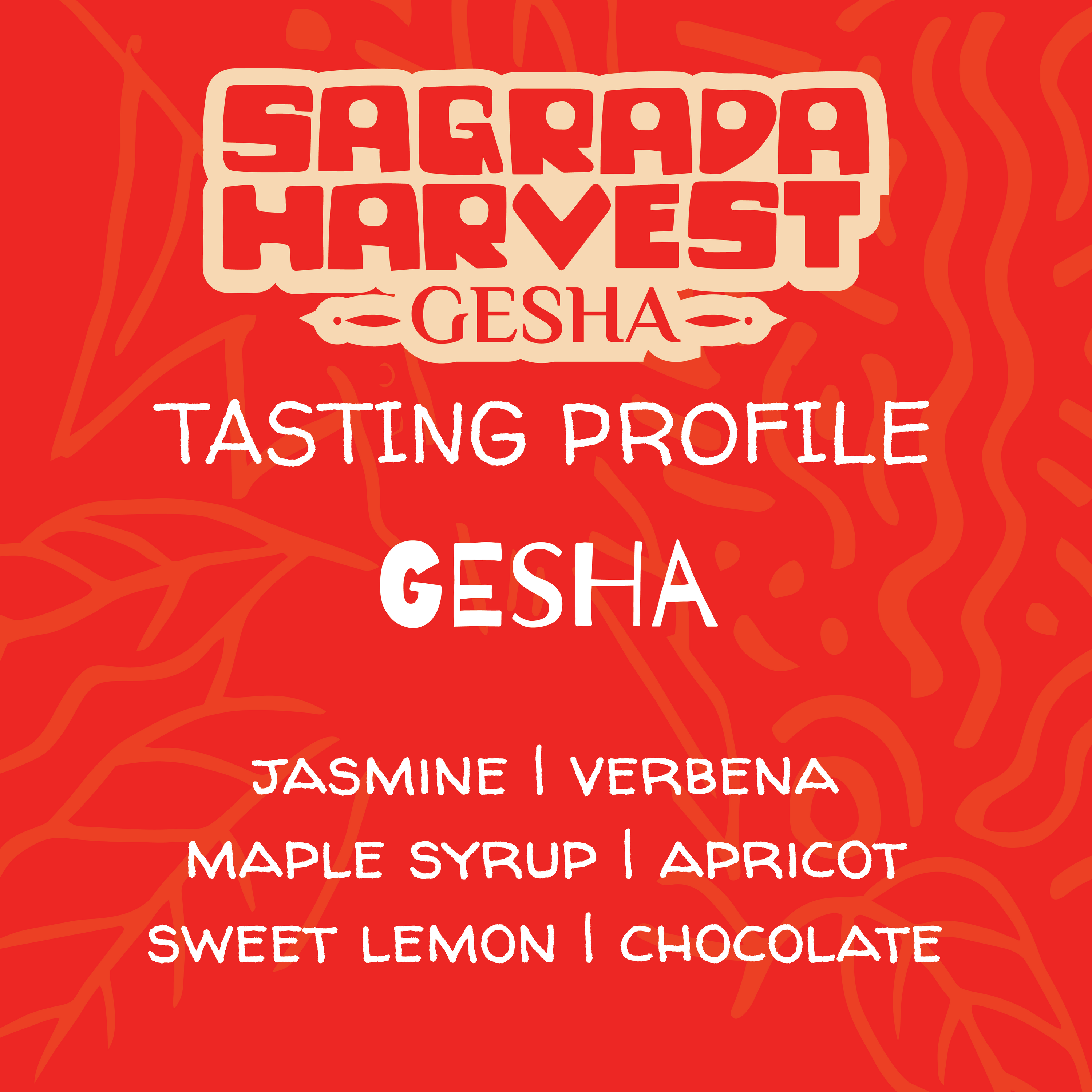 Sagrada Harvest Gesha tasting profile on a red background