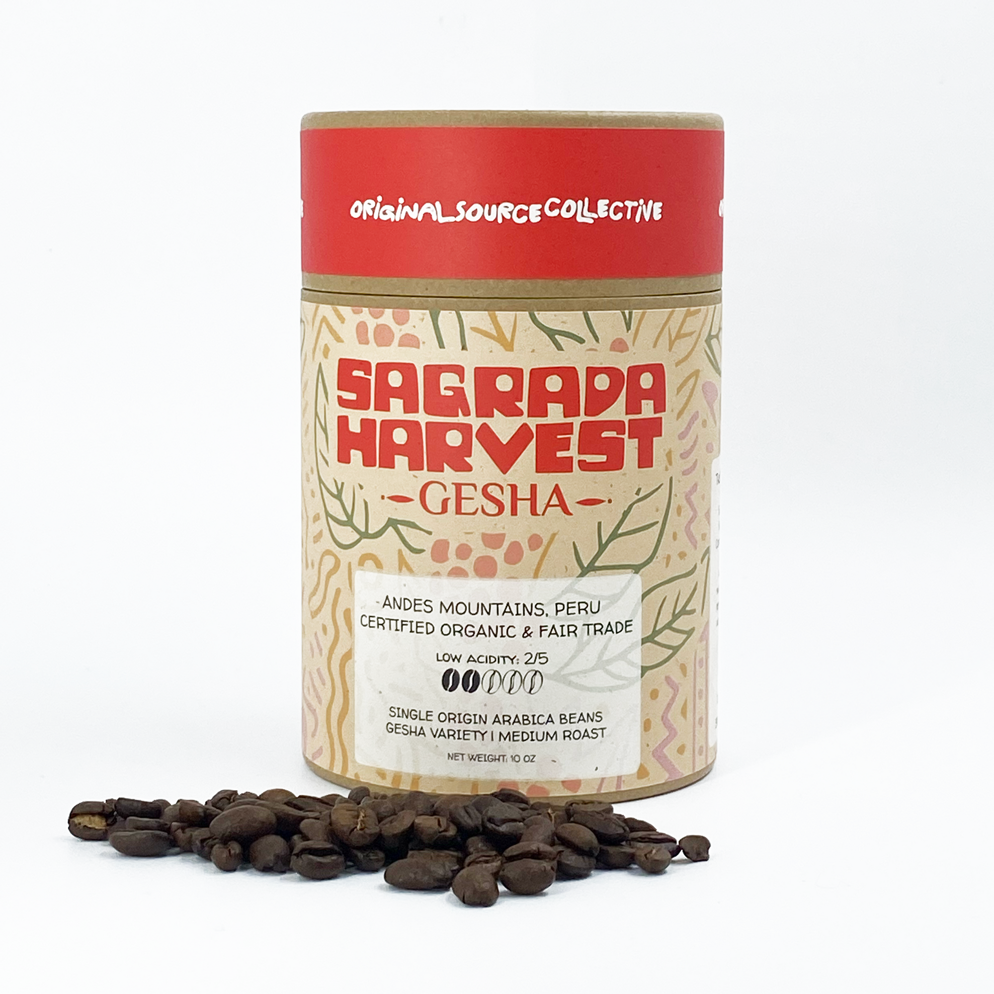 Sagrada Harvest Gesha kraft container on a white background with coffee beans