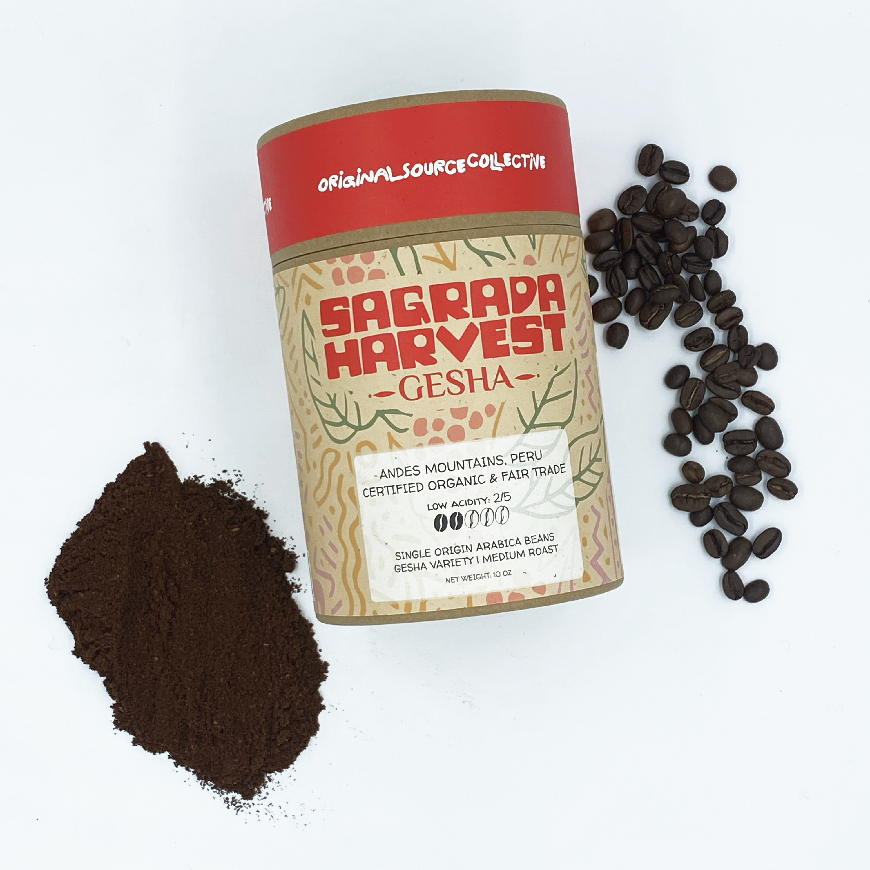 Sagrada Harvest Gesha coffee packaging with coffee beans and grounds on a white background