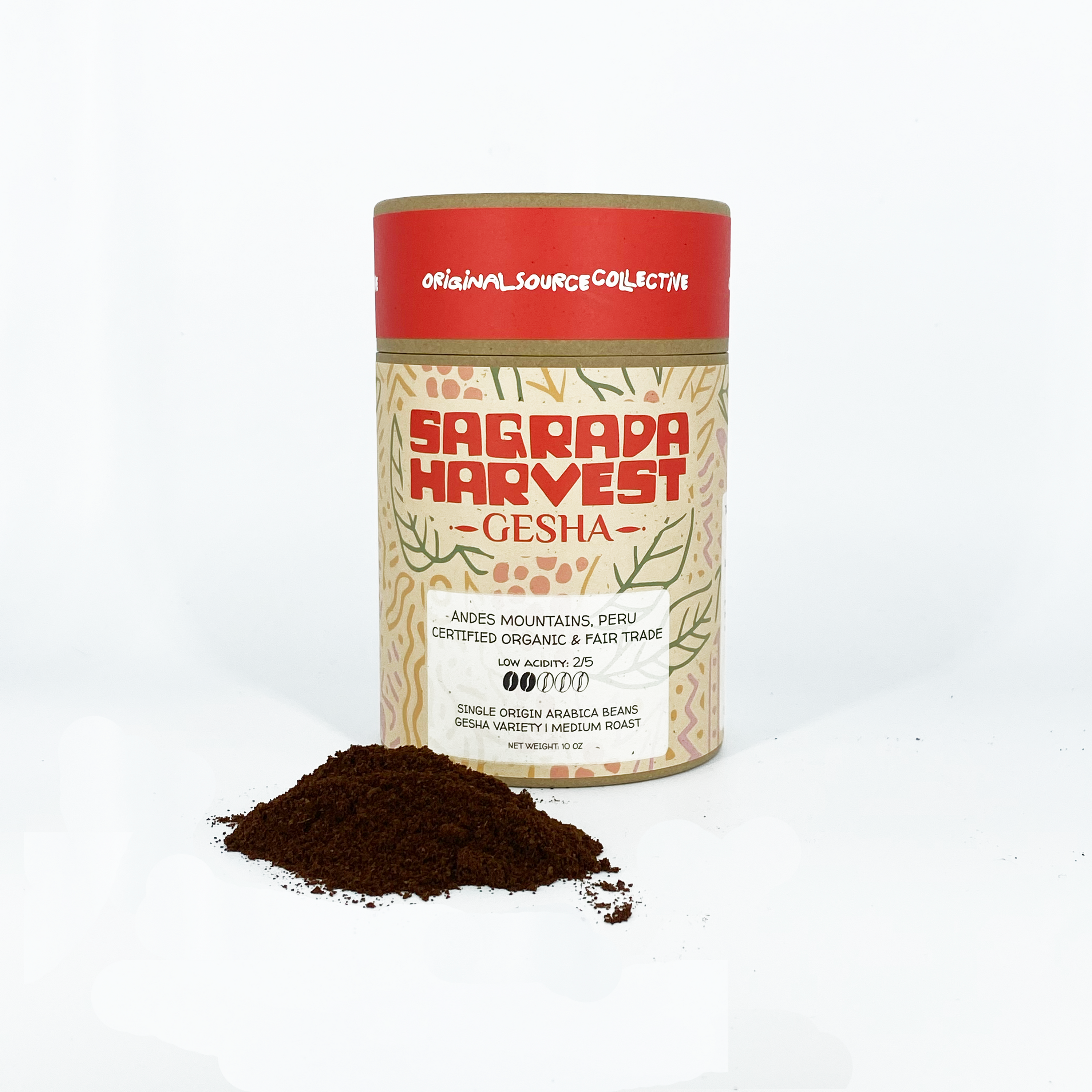 Sagrada Harvest Gesha coffee canister with ground coffee on a white background