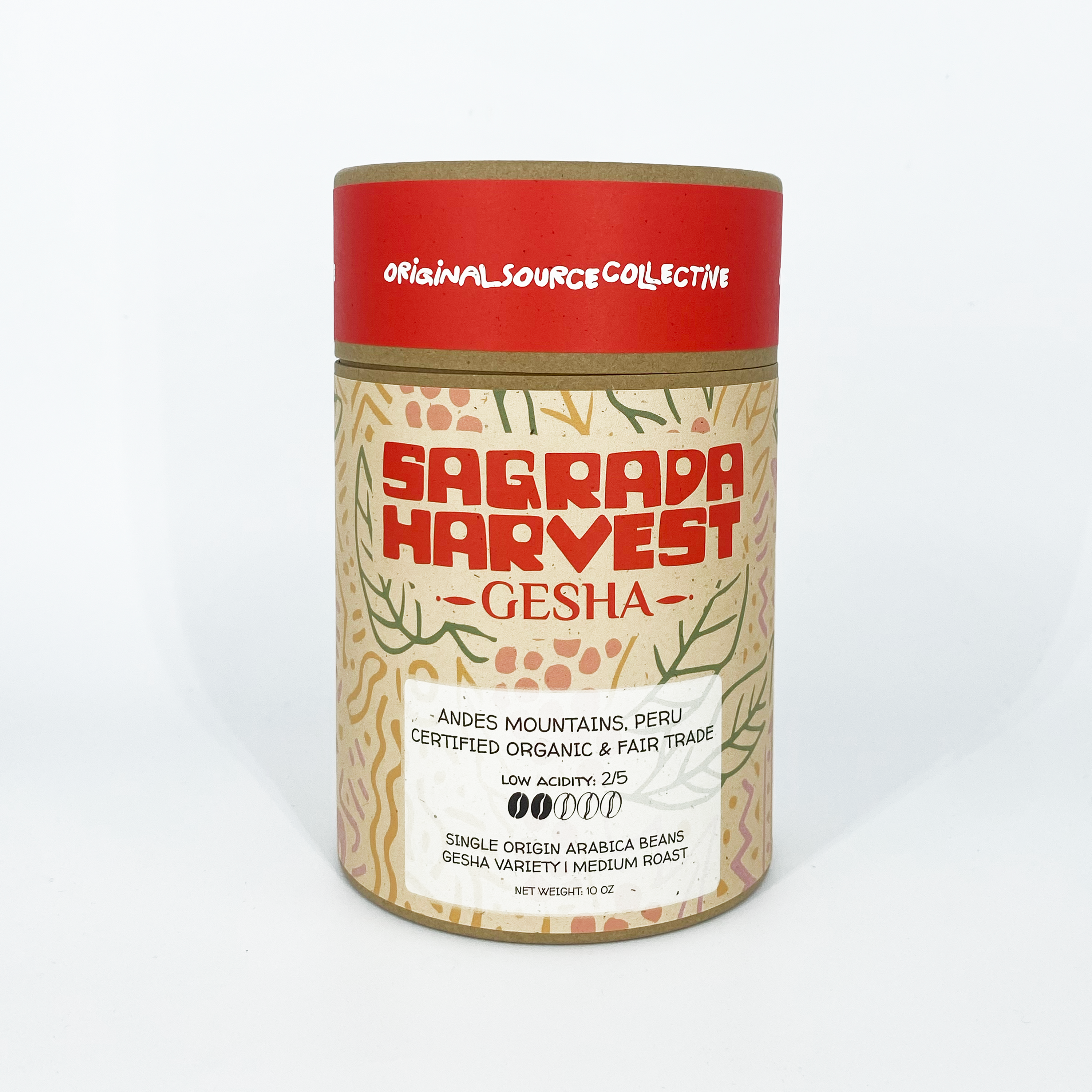 Coffee canister labeled 'Sagrada Harvest Gesha' with a red lid on a white background