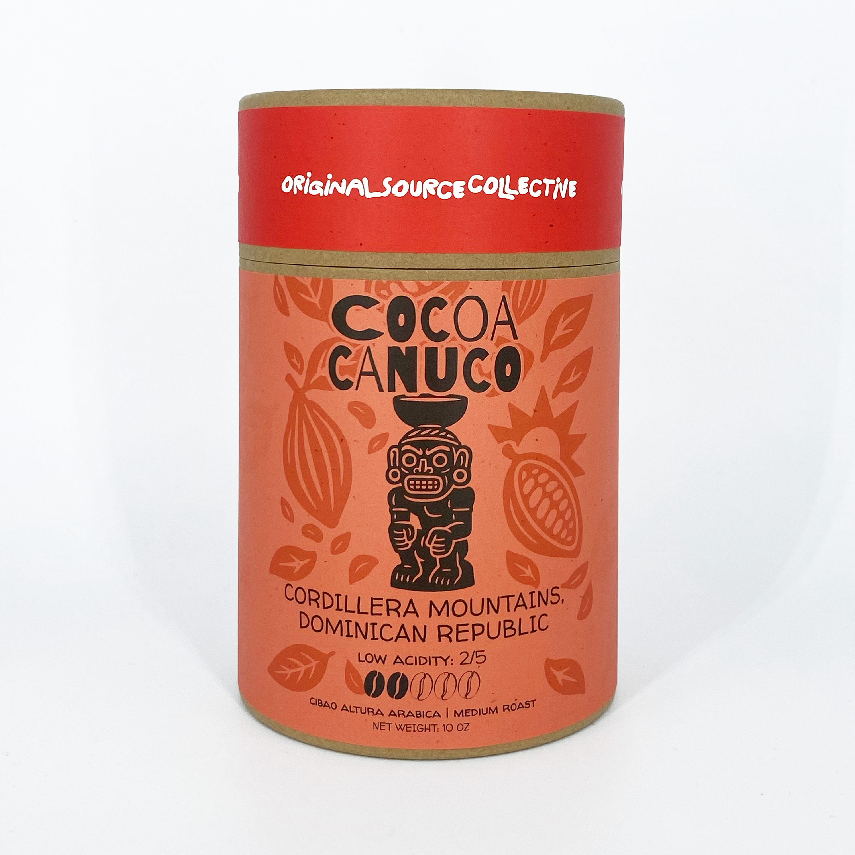 Cocoa Canuco kraft container with red lid and orange body on a white background