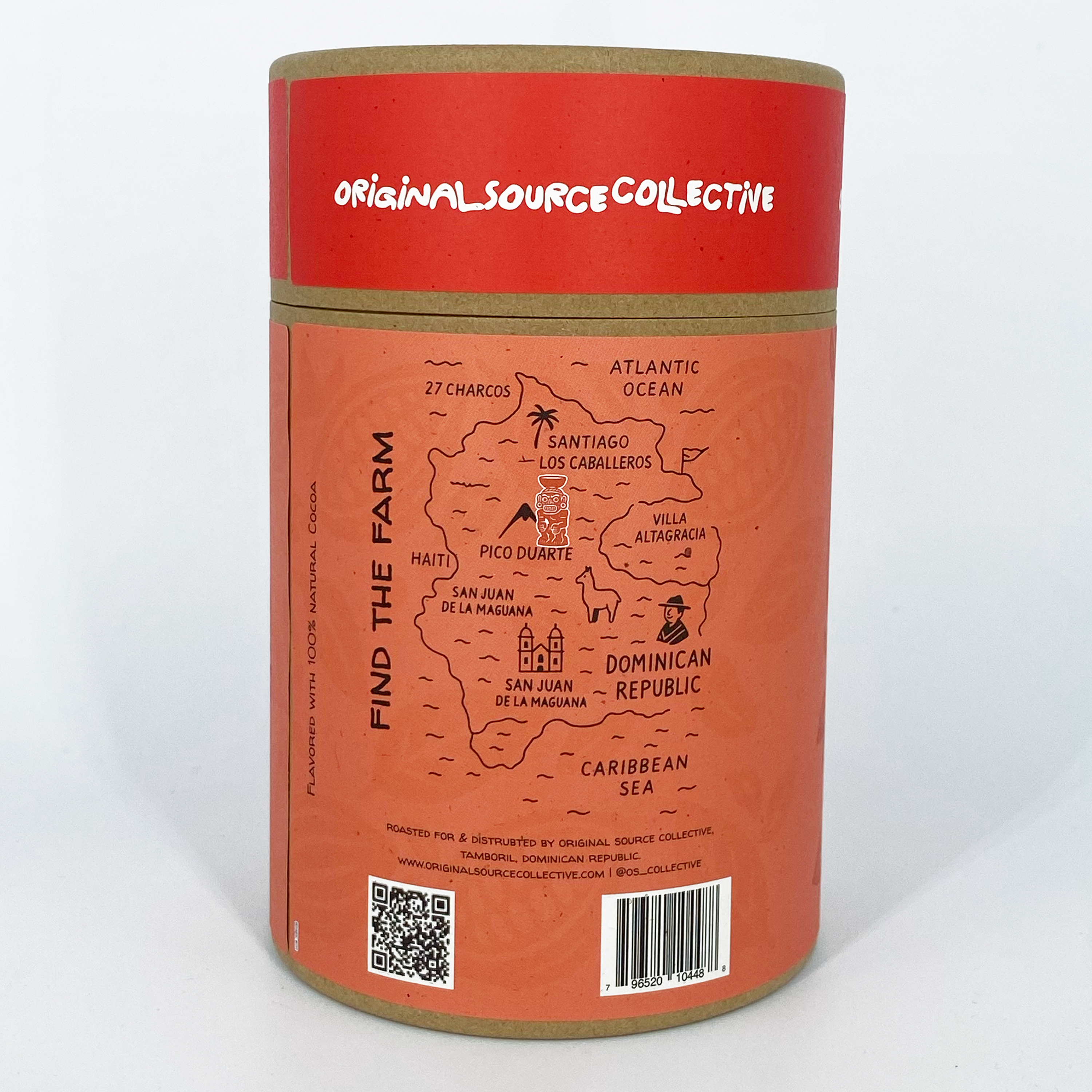 Cylindrical kraft packaging with a map design and 'Original Source Collective' branding on a white background