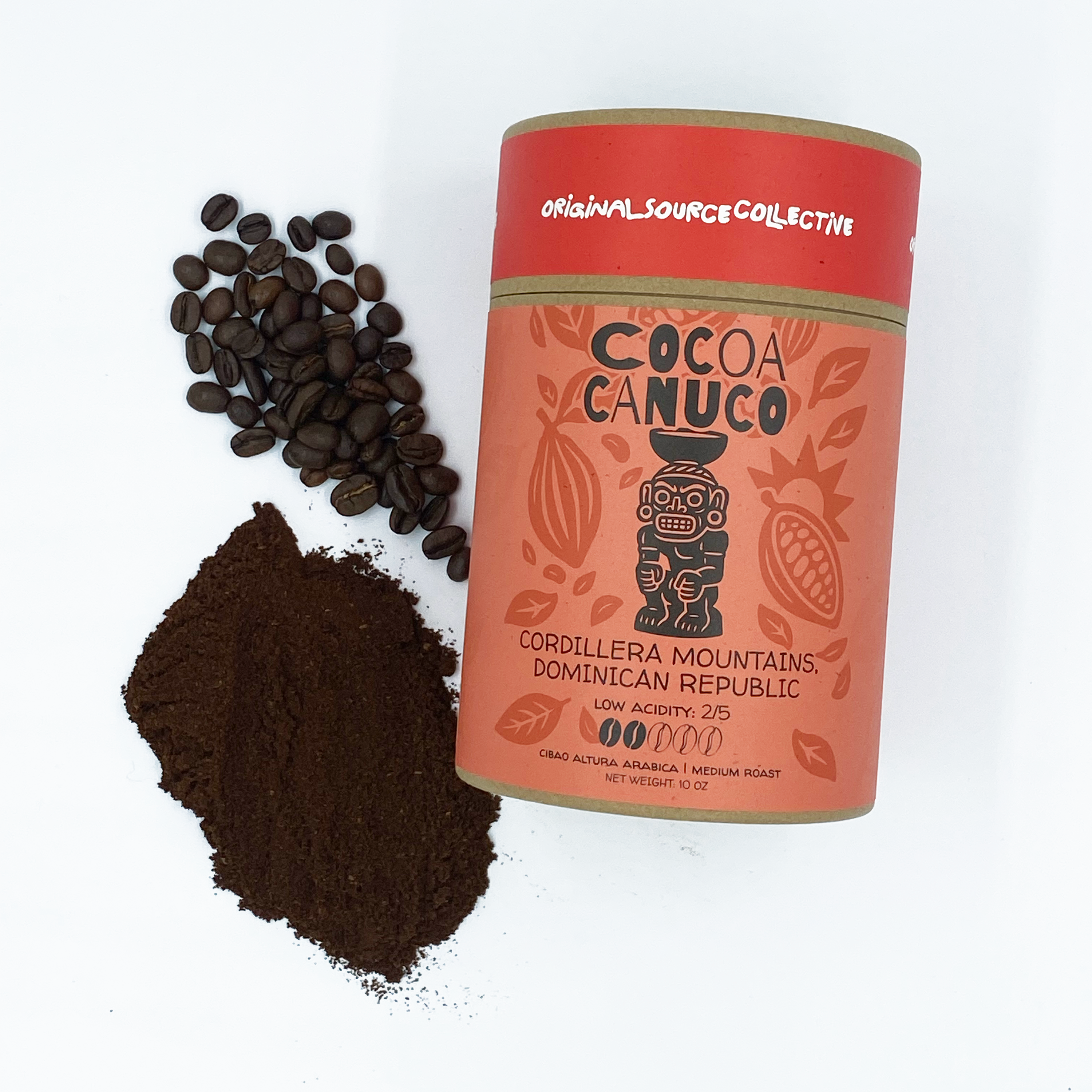Cocoa Canuco coffee packaging with coffee beans and grounds on a white background