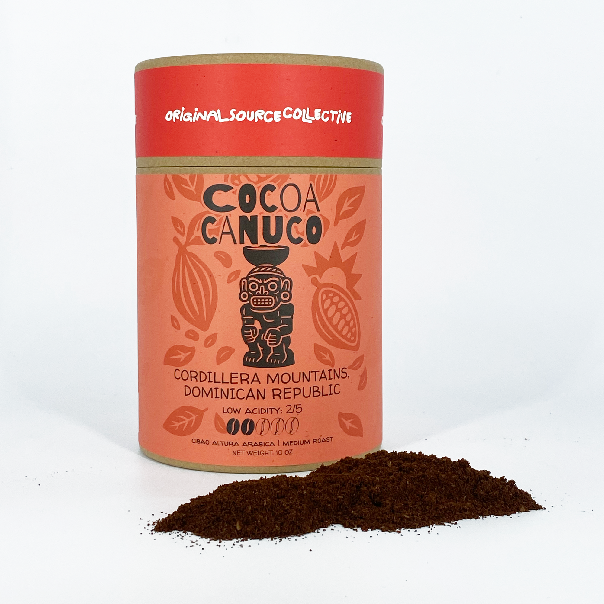 Cocoa Canuco container with ground coffee on a white background