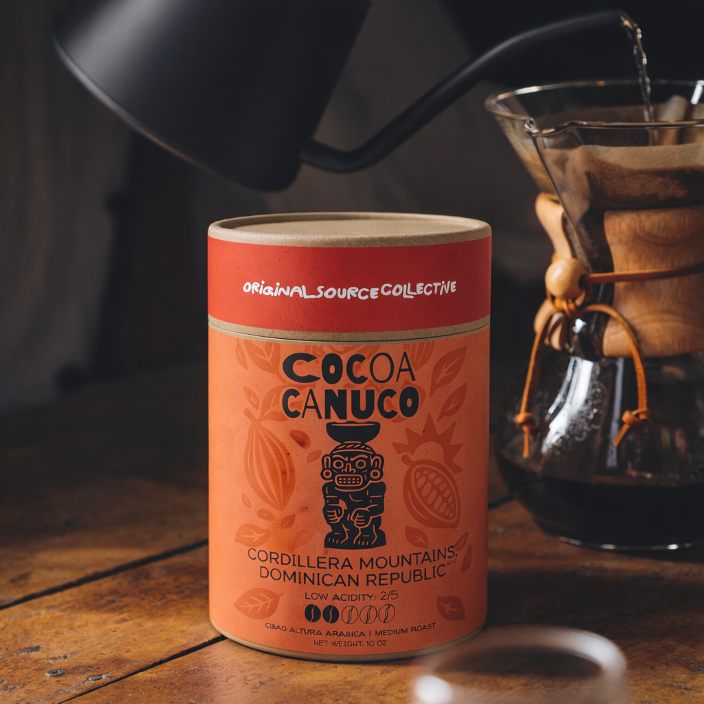 Cocoa Canuco container on a wooden surface with a coffee filter and pot in the background