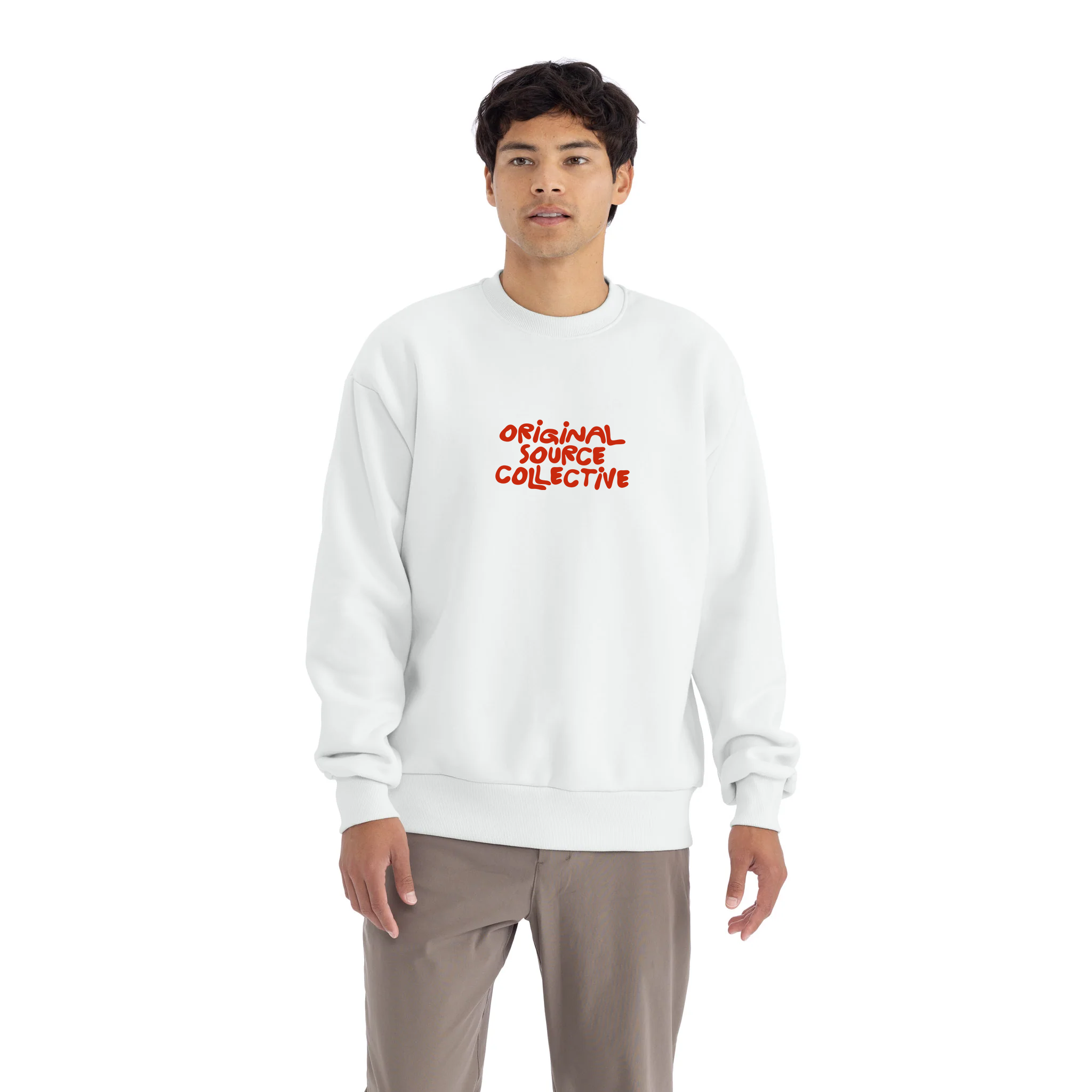 Person wearing a white sweatshirt with red Original Source Collective text on a white background