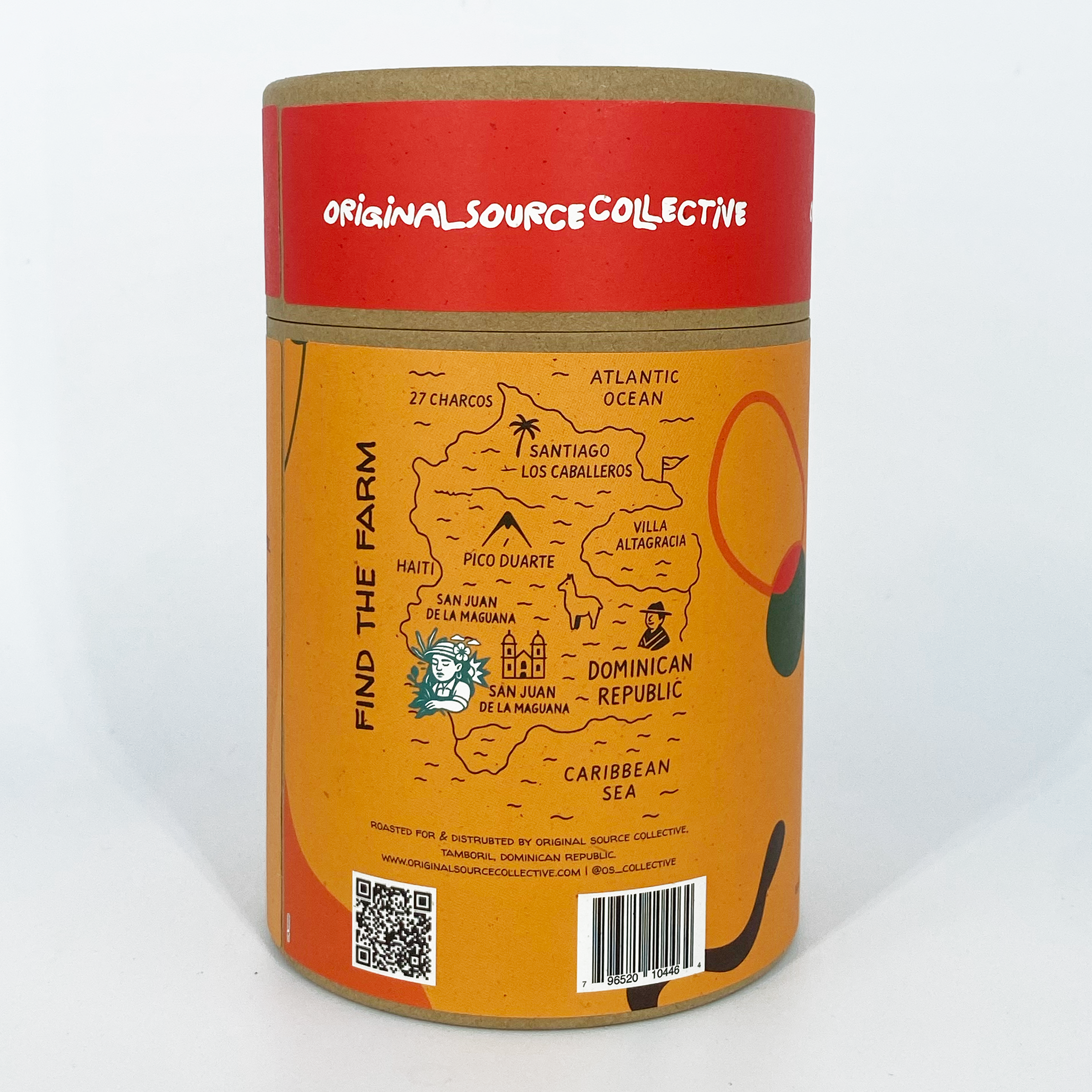 Kraft cylindrical container with red lid and orange body featuring a map and branding on a white background