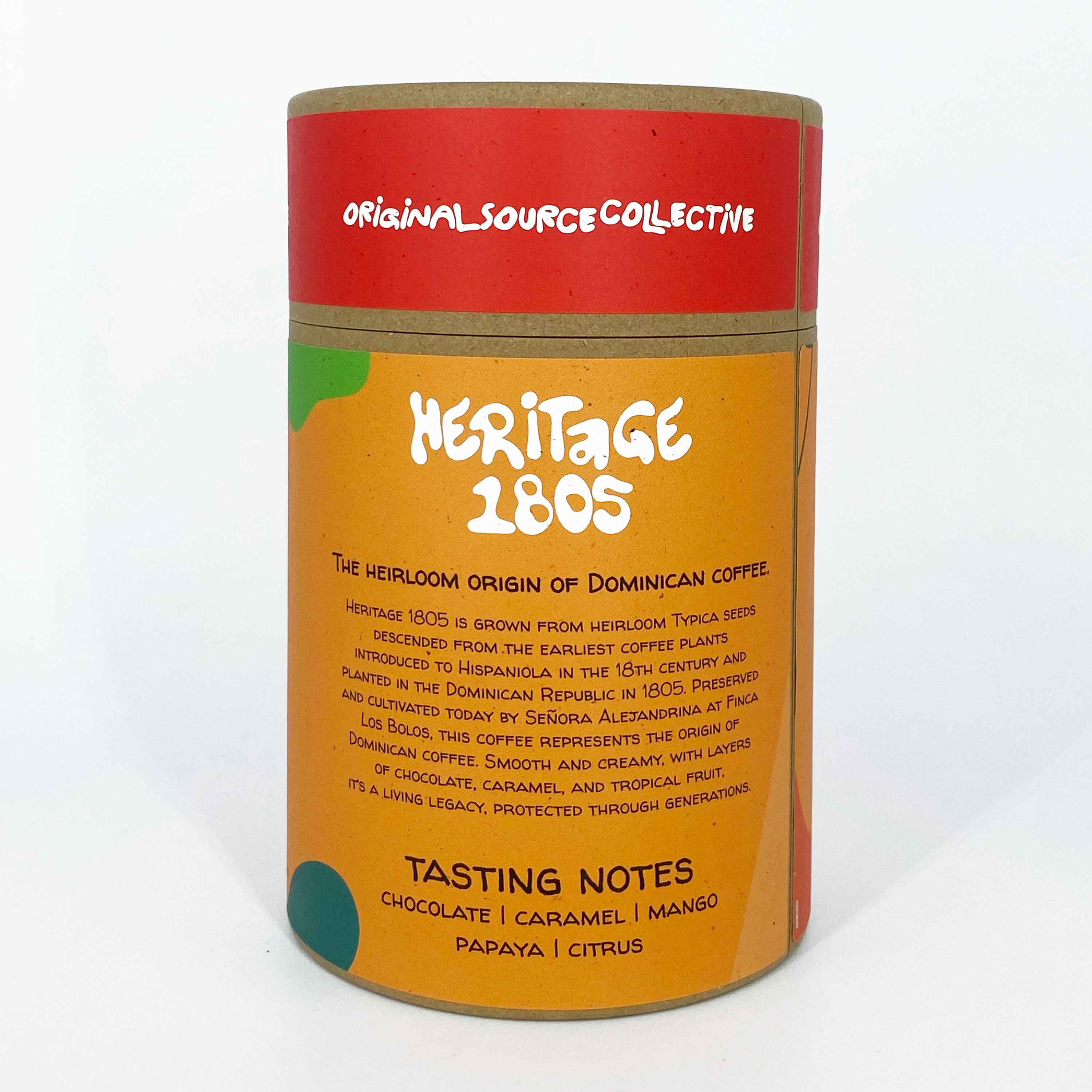 Heritage 1605 coffee canister with branding and tasting notes on a white background