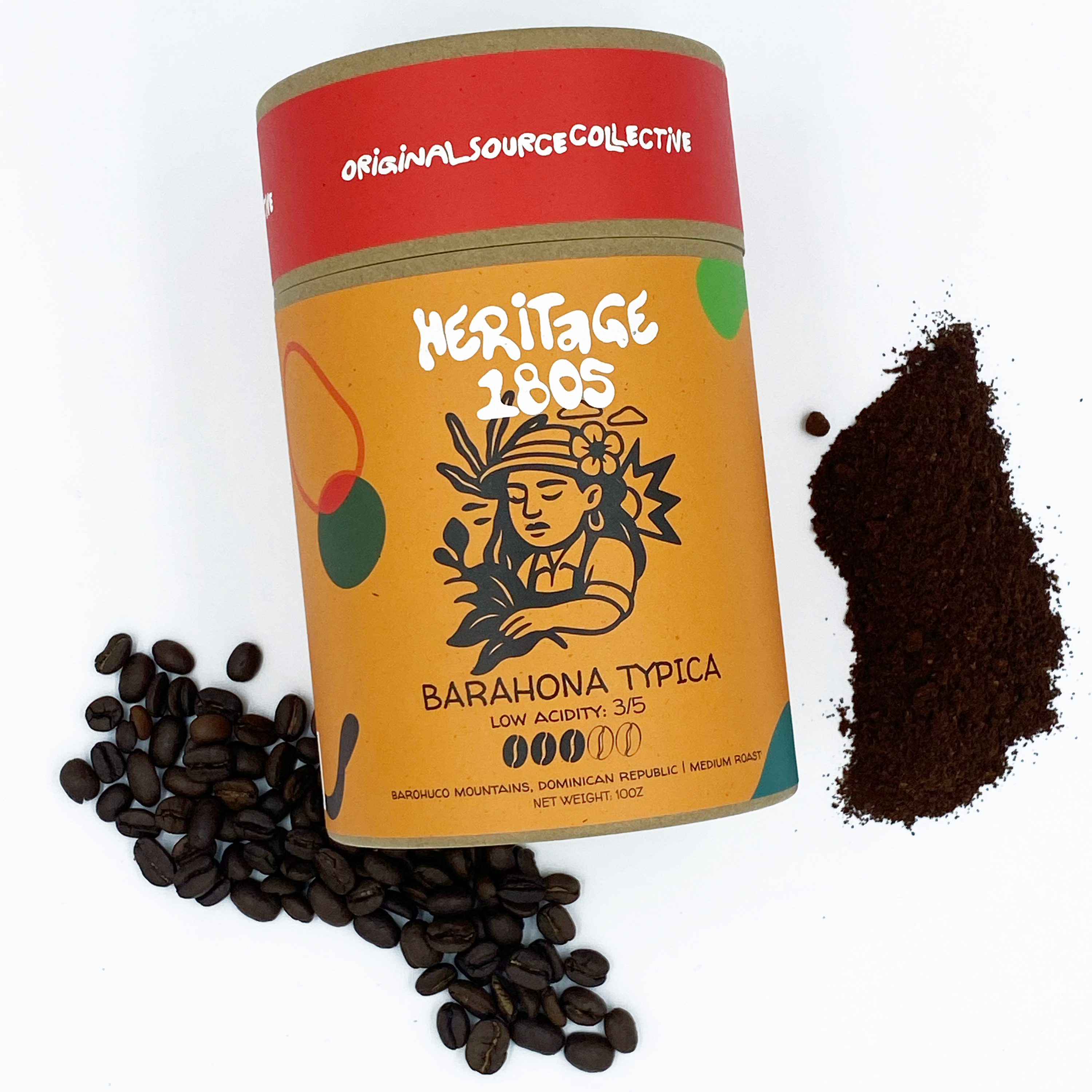 Heritage 1805 coffee canister with beans and grounds on a white background