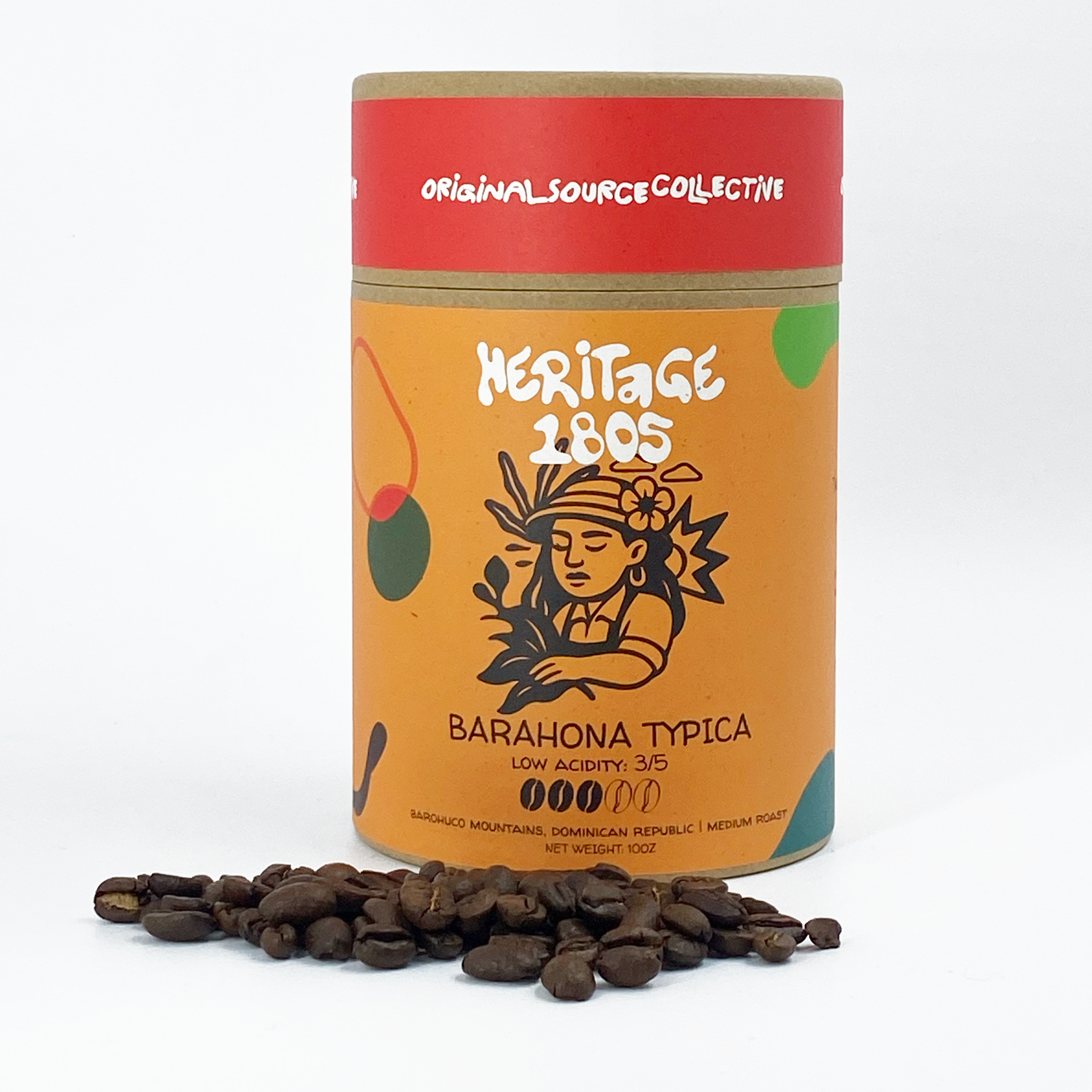 Coffee canister with 'Heritage 1805' branding and coffee beans on a white background