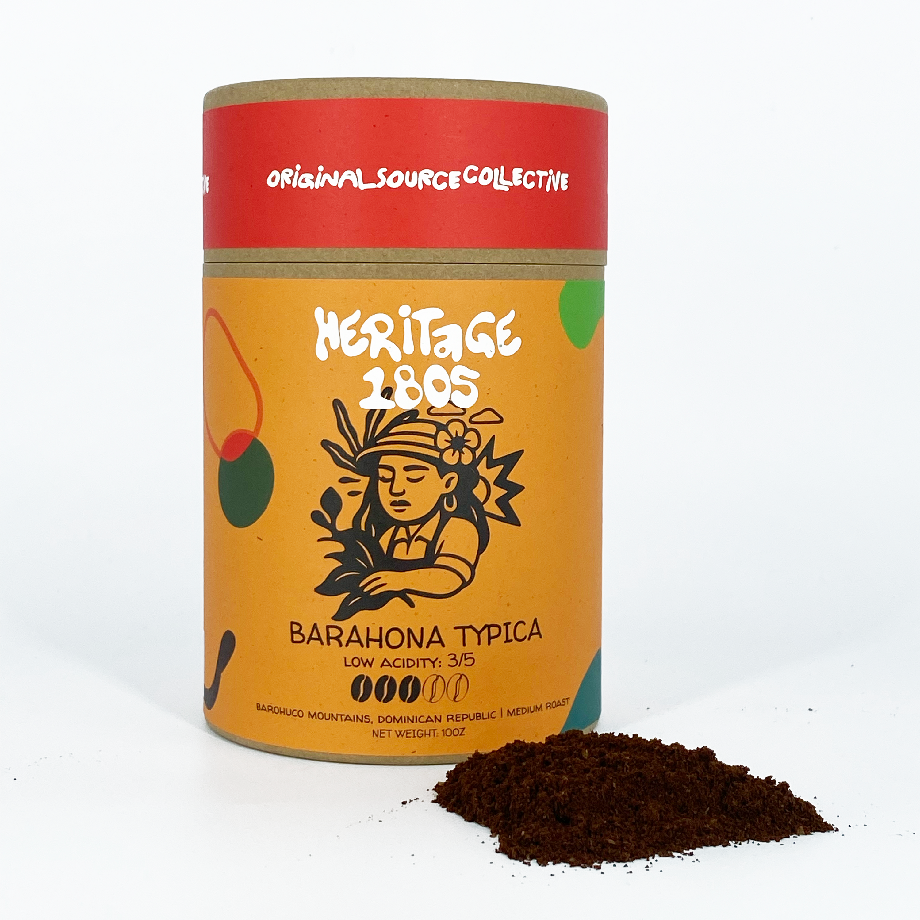 Kraft coffee canister with 'Heritage 1805' branding on a white background with ground coffee