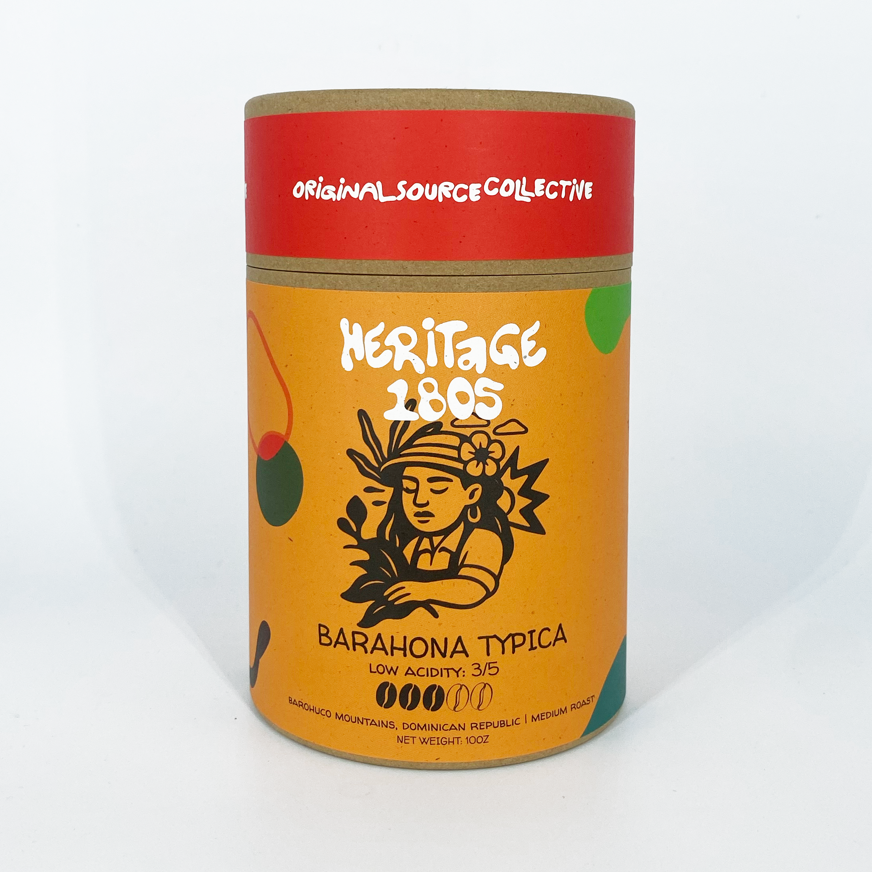 Kraft cylindrical coffee container with 'Heritage 1865' branding on a white background