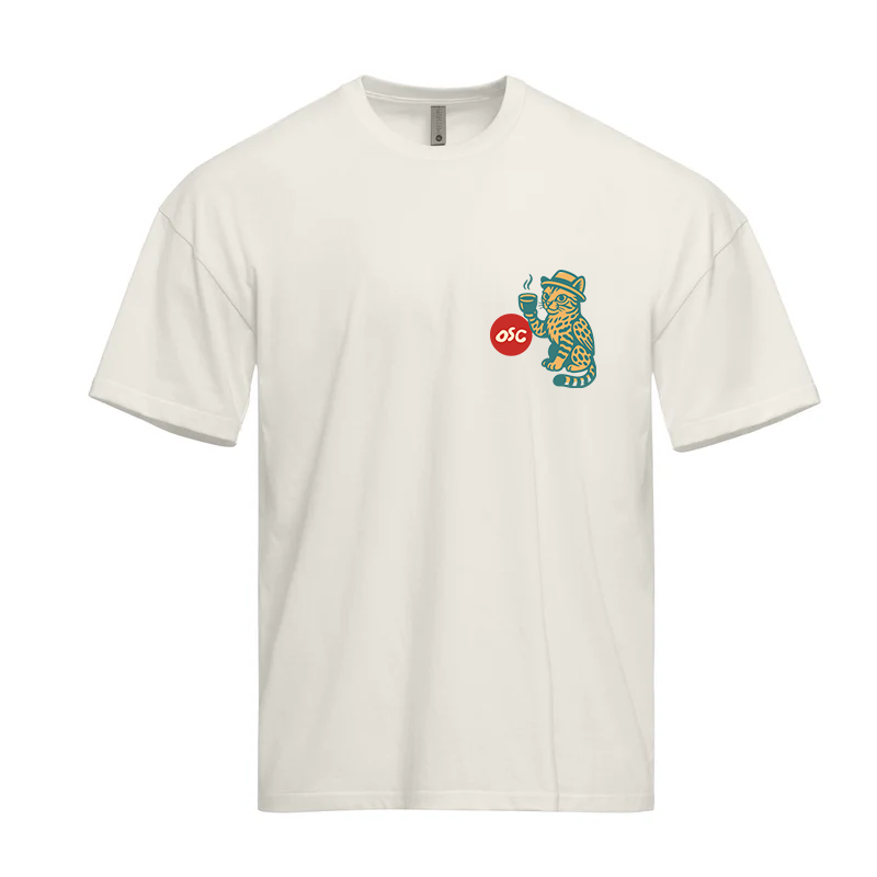 White t-shirt with a colorful graphic design on the chest against a white background