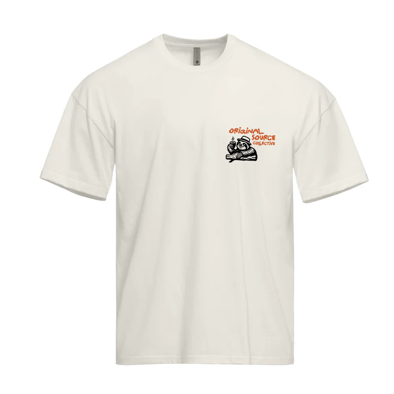 White t-shirt with Original Source Collective logo on the chest against a white background