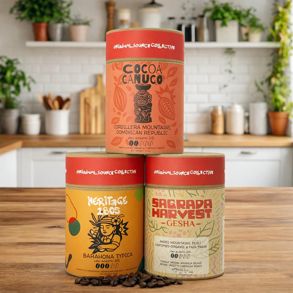 Three coffee canisters from Cocoa Canuco, Heritage 1805, and Sagrada Harvest Gesha on a kitchen counter.