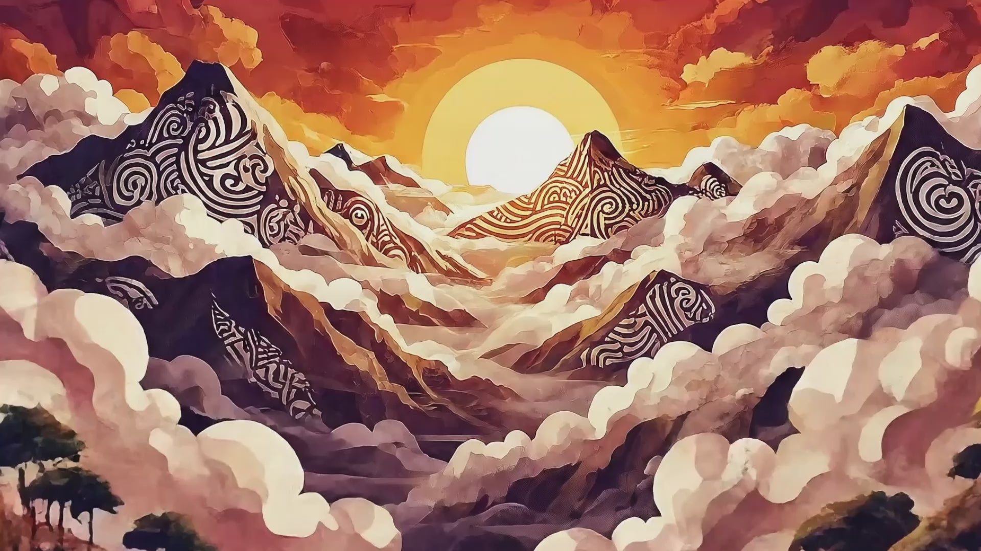 video of a drawing of mountains in the clouds with a setting sun in the background
