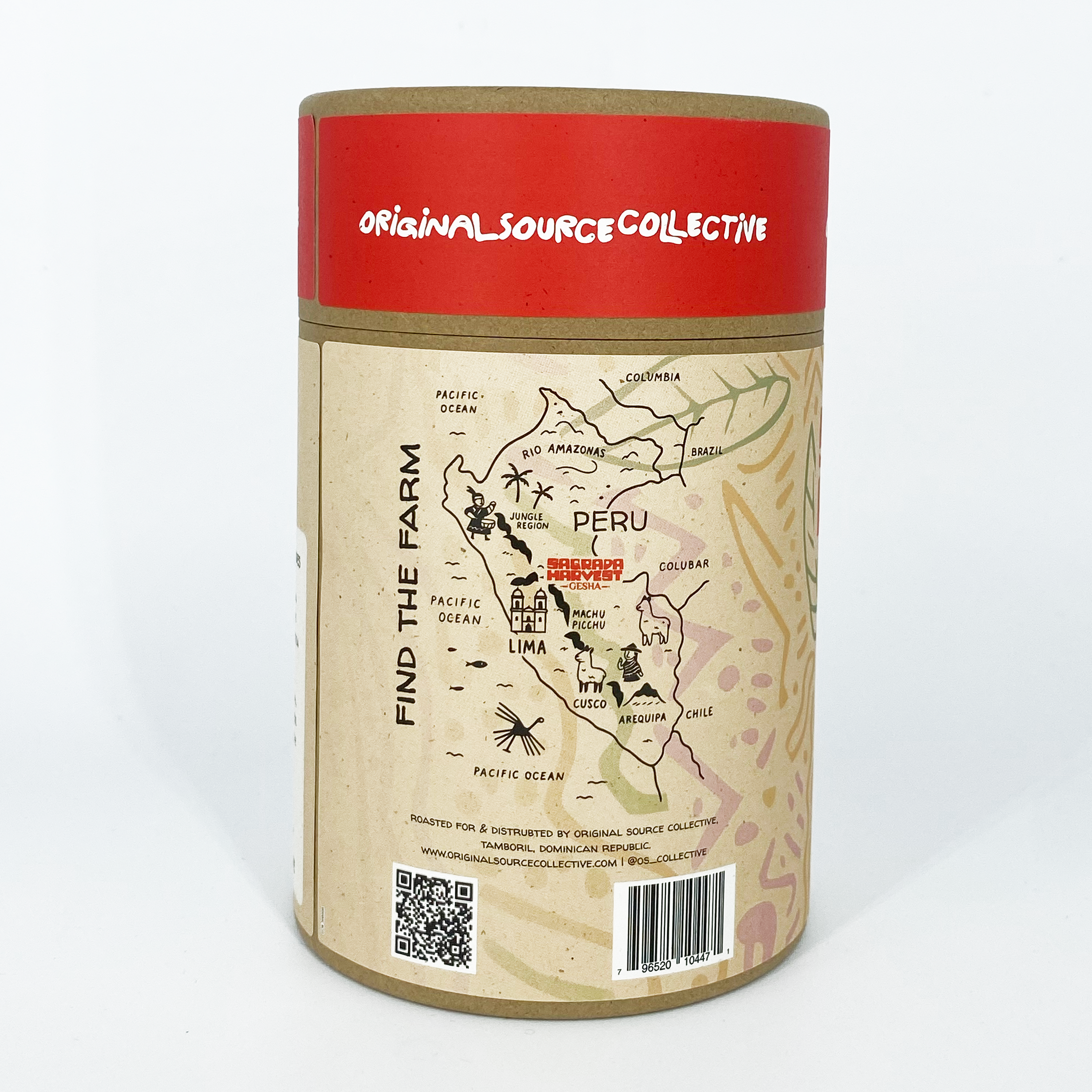 Kraft paper Original Source Collective container with red lid featuring a map of Peru and branding text on a white background.