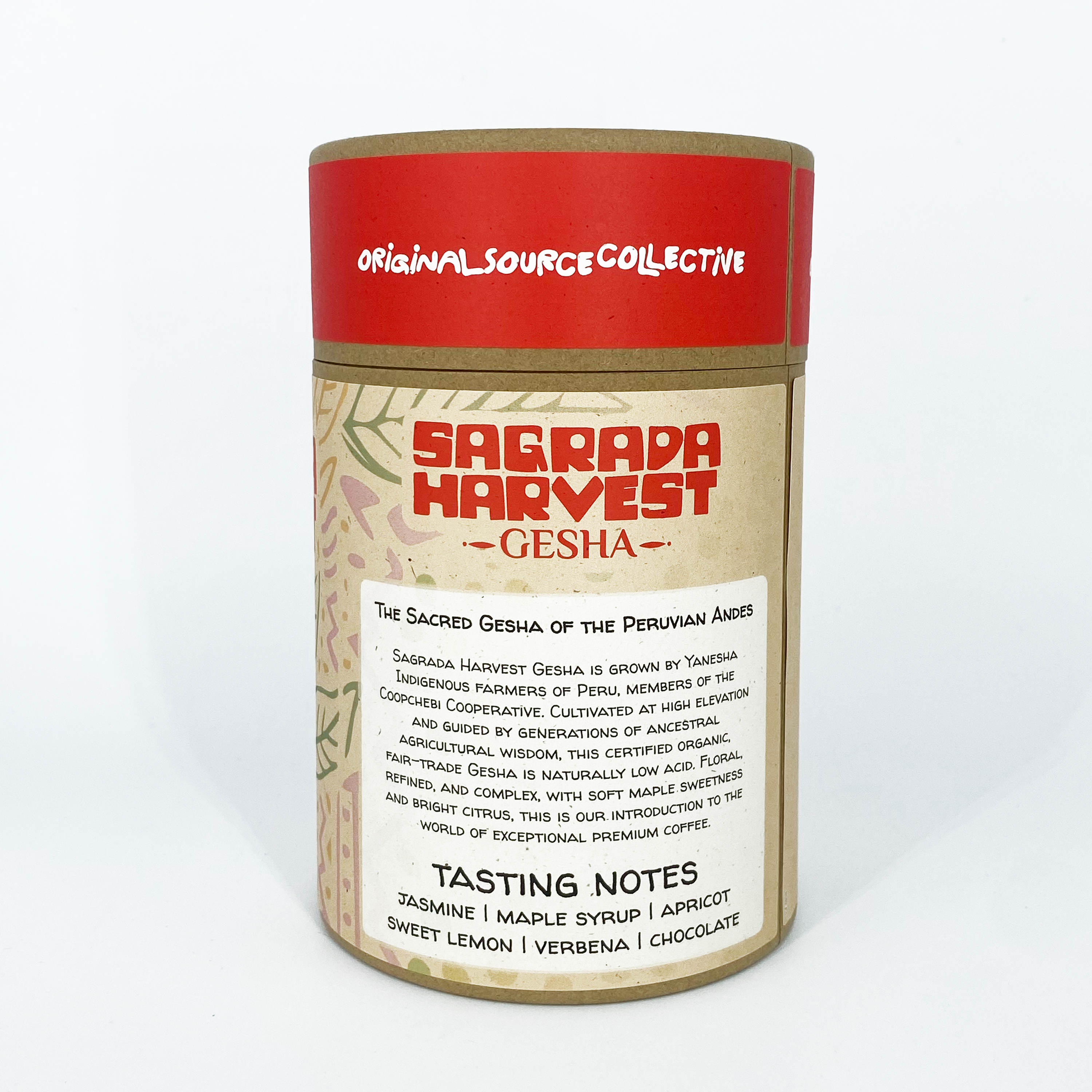 Kraft container with red and beige design, featuring 'Sagrada Harvest Gesha' branding on a white background.